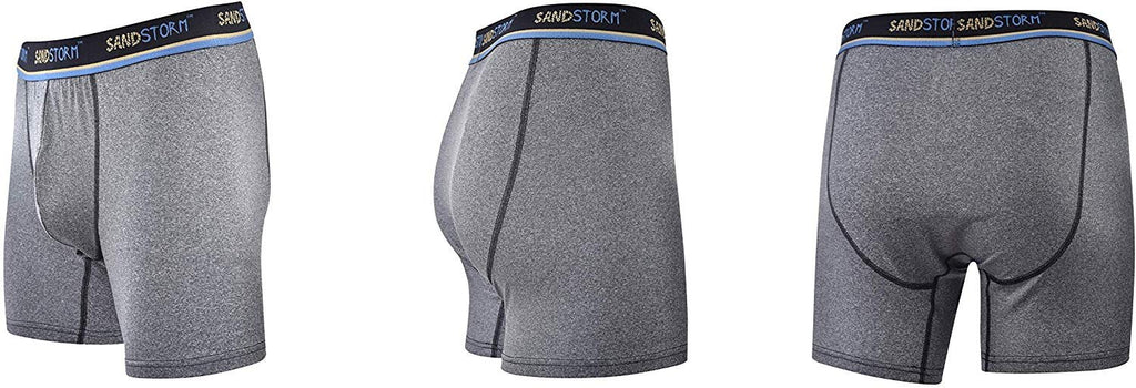 Black/Silver Heather/Polaris Sand Storm Mens Performance Boxer Briefs - 6-Pack No-Fly Tagless Breathable Underwear S-5XL Regular or Plus Size