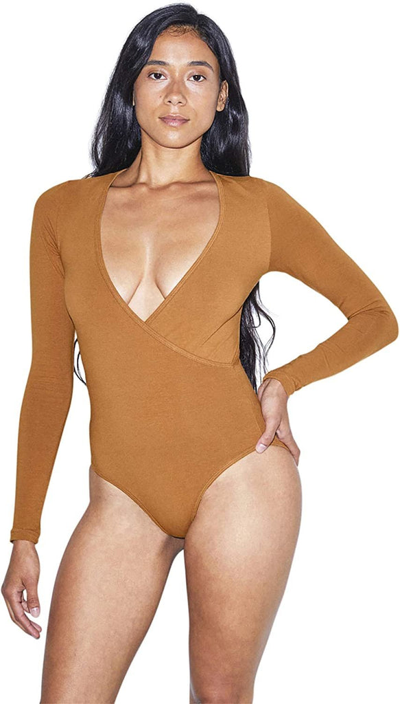 American Apparel Women's Cotton Spandex Long Sleeve Cross V Bodysuit