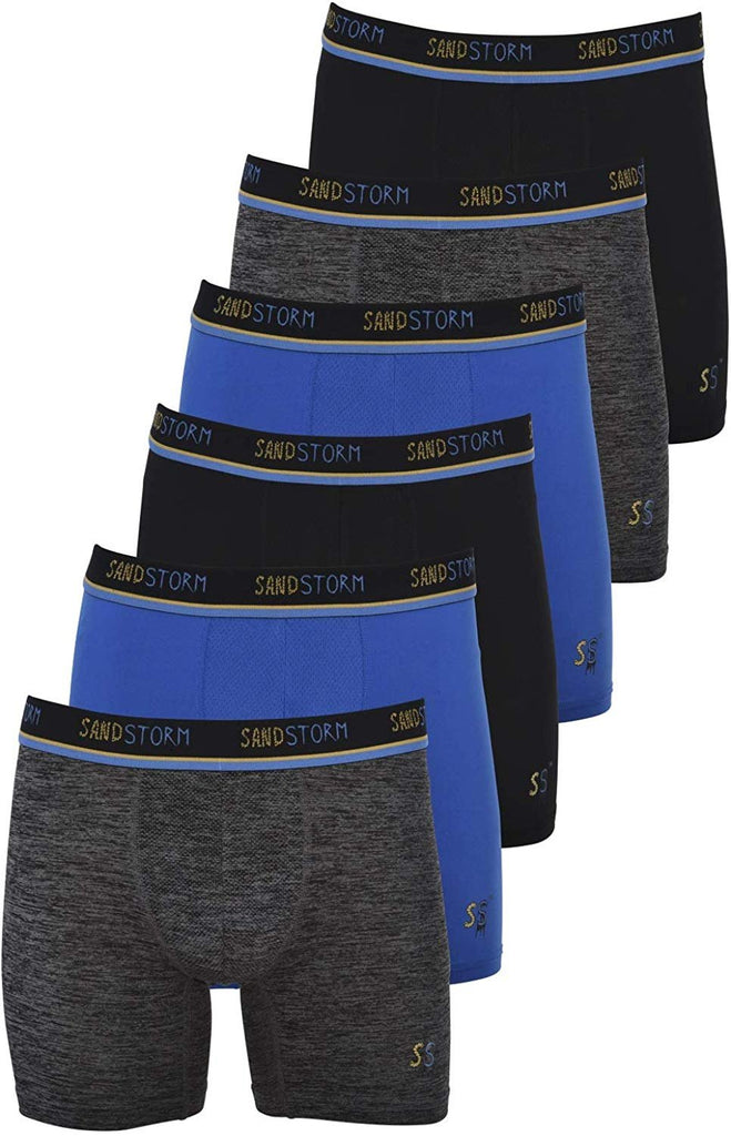 Black/Silver Heather/Polaris Sand Storm Mens Performance Boxer Briefs - 6-Pack No-Fly Tagless Breathable Underwear S-5XL Regular or Plus Size