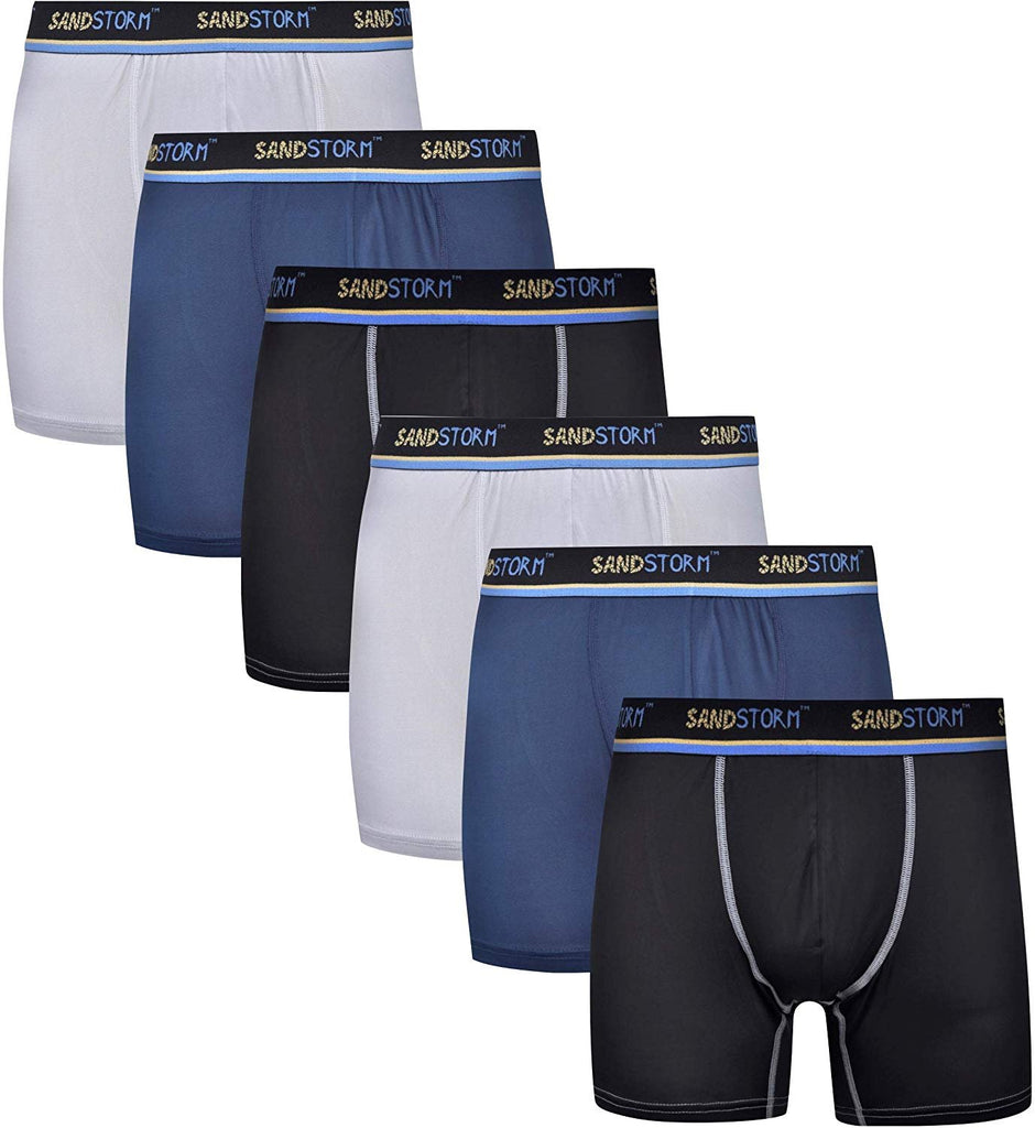 Black/Silver Heather/Polaris Sand Storm Mens Performance Boxer Briefs - 6-Pack No-Fly Tagless Breathable Underwear S-5XL Regular or Plus Size