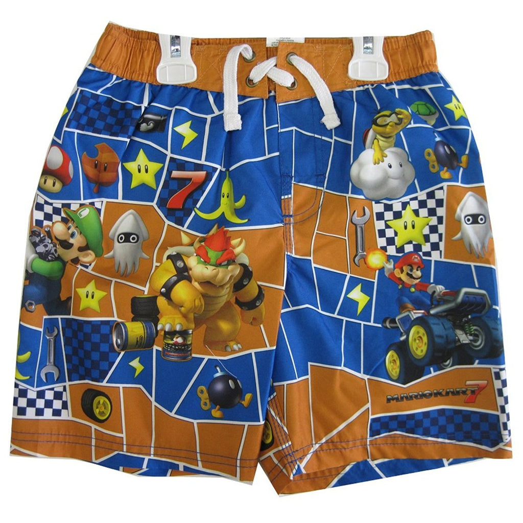 Super Mario Little Boys Orange Blue Character Printed Swim Wear Shorts 4T-7