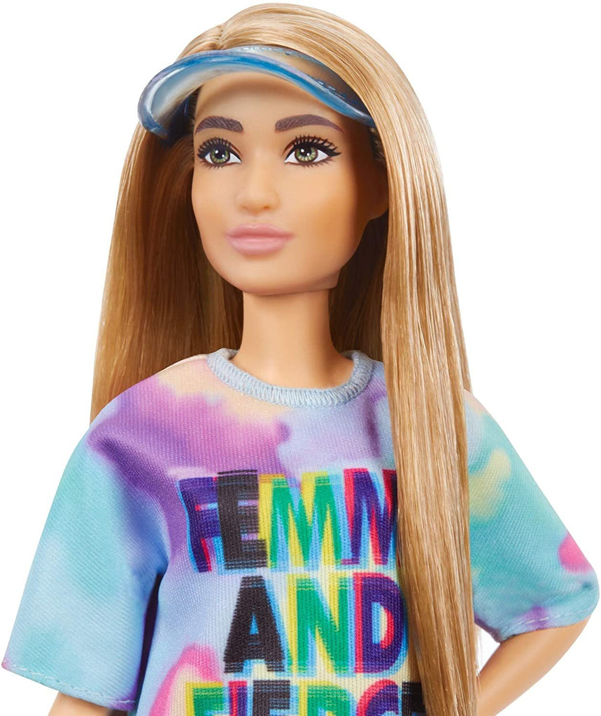 Barbie Fashionistas Doll # 159, Petite, with Light Brown Hair Wearing Tie-Dye T-Shirt Dress, White Shoes & Visor, Toy for Kids 3 to 8 Years Old