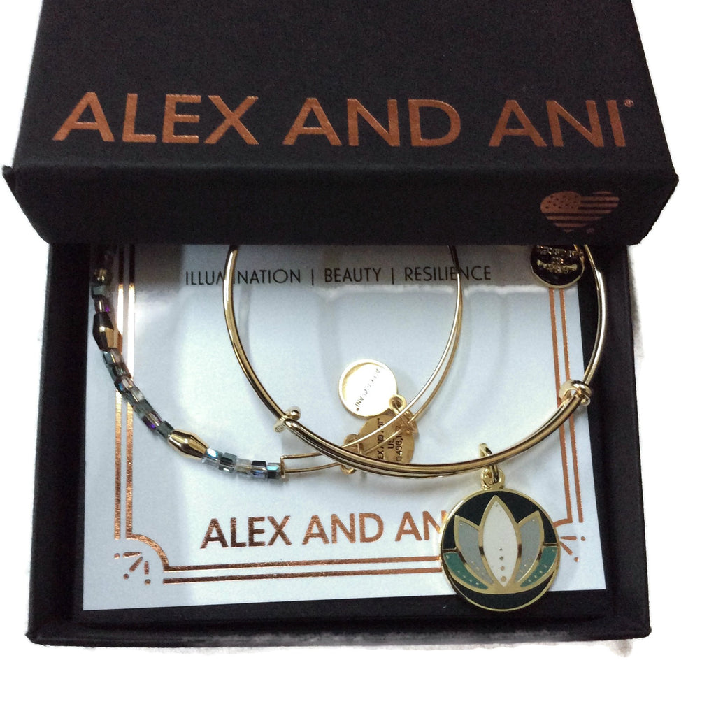 Alex and Ani Lotus Set of 2 II Bangle Bracelet Shiny Gold New W/Tag Box and Card