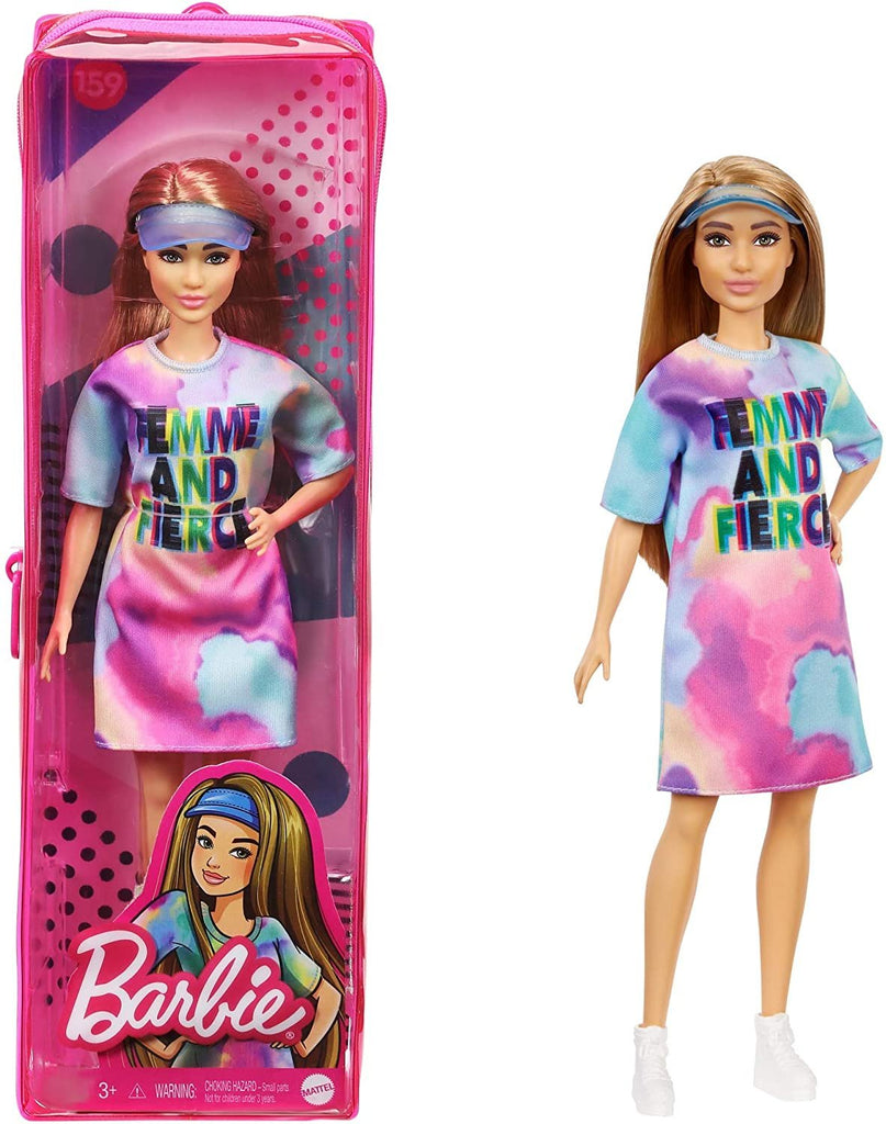 Barbie Fashionistas Doll # 159, Petite, with Light Brown Hair Wearing Tie-Dye T-Shirt Dress, White Shoes & Visor, Toy for Kids 3 to 8 Years Old