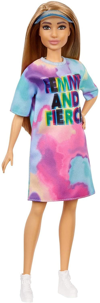 Barbie Fashionistas Doll # 159, Petite, with Light Brown Hair Wearing Tie-Dye T-Shirt Dress, White Shoes & Visor, Toy for Kids 3 to 8 Years Old