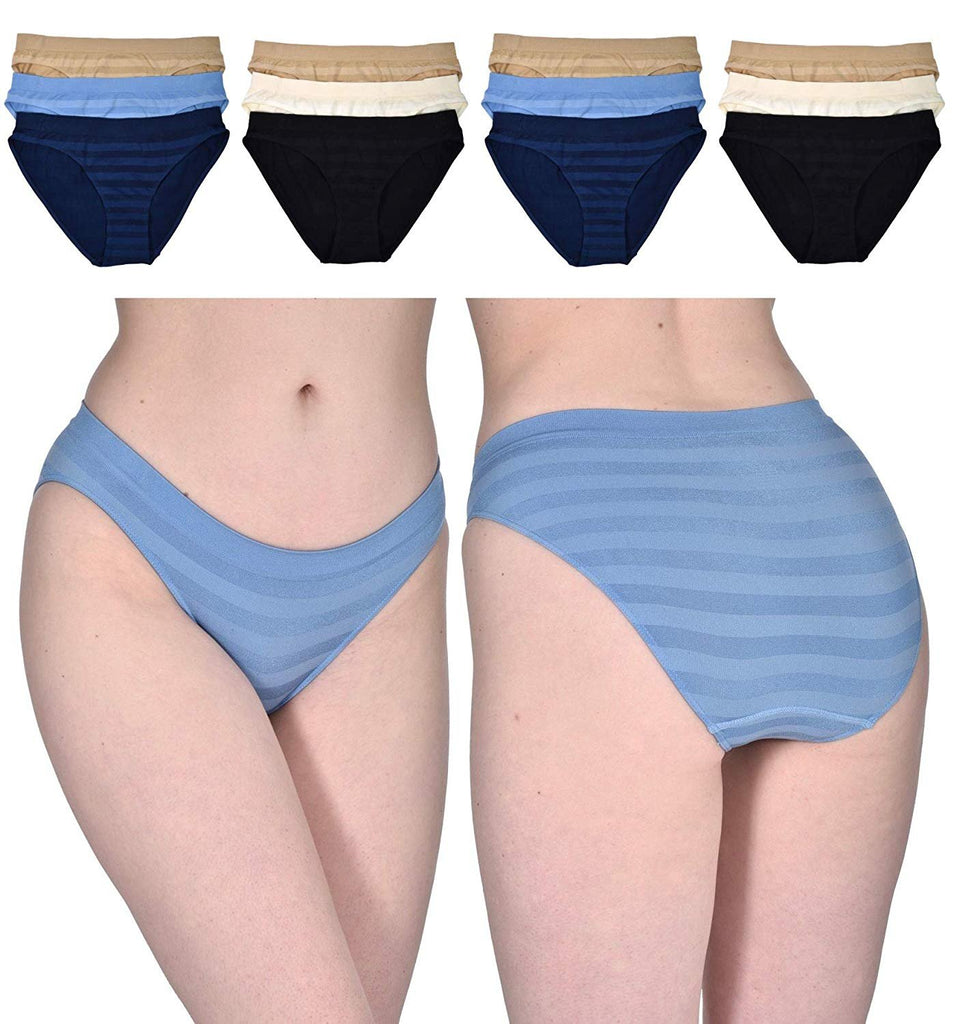Elle Women's Seamless Bikinis Panties - 12-Pack Premium Quality Shadow Stripe Nylon/Spandex
