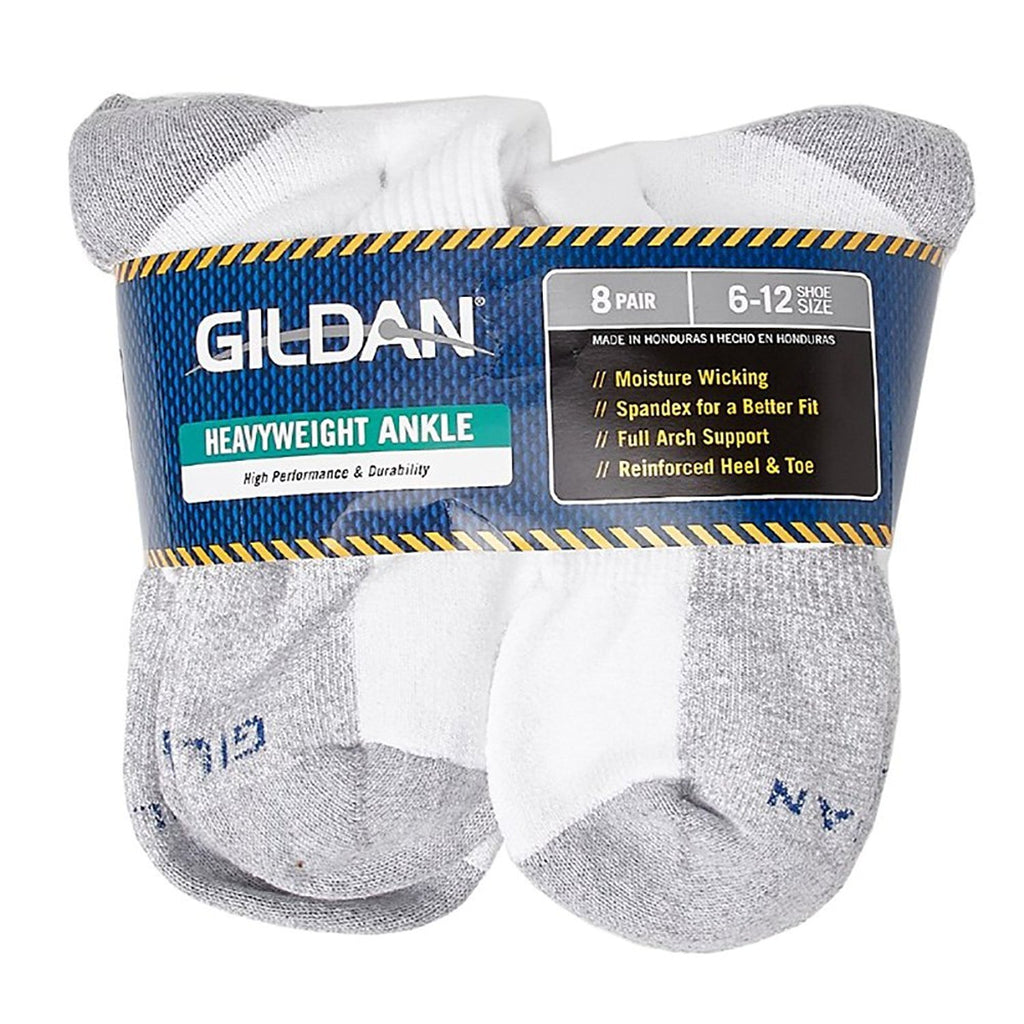 Gildan Heavyweight Ankle 8 Pair Pack Sock;6-12 shoe size;White with Grey Heel