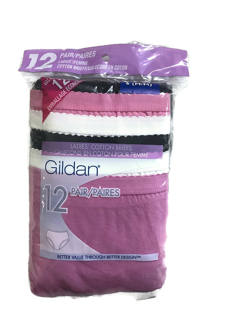 Gildan Women’s 100% Cotton Briefs 12-Pack Value Pack Black White Pink All Sizes