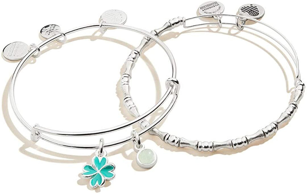 Alex and Ani Duo Charm Bangle Bracelet, Set of 2 Four Leaf Clover One Size, Shiny Silver