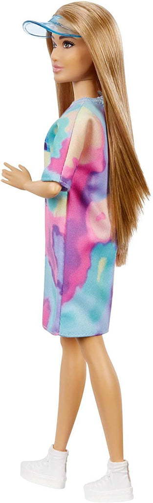 Barbie Fashionistas Doll # 159, Petite, with Light Brown Hair Wearing Tie-Dye T-Shirt Dress, White Shoes & Visor, Toy for Kids 3 to 8 Years Old