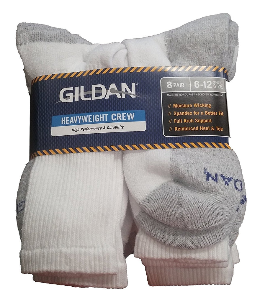 Gildan Heavyweight Crew Socks Men's 6-12 Shoe Size (8 Pair) White