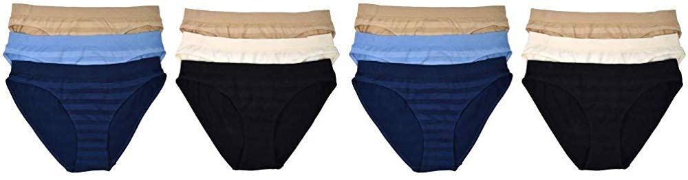 Elle Women's Seamless Bikinis Panties - 12-Pack Premium Quality Shadow Stripe Nylon/Spandex