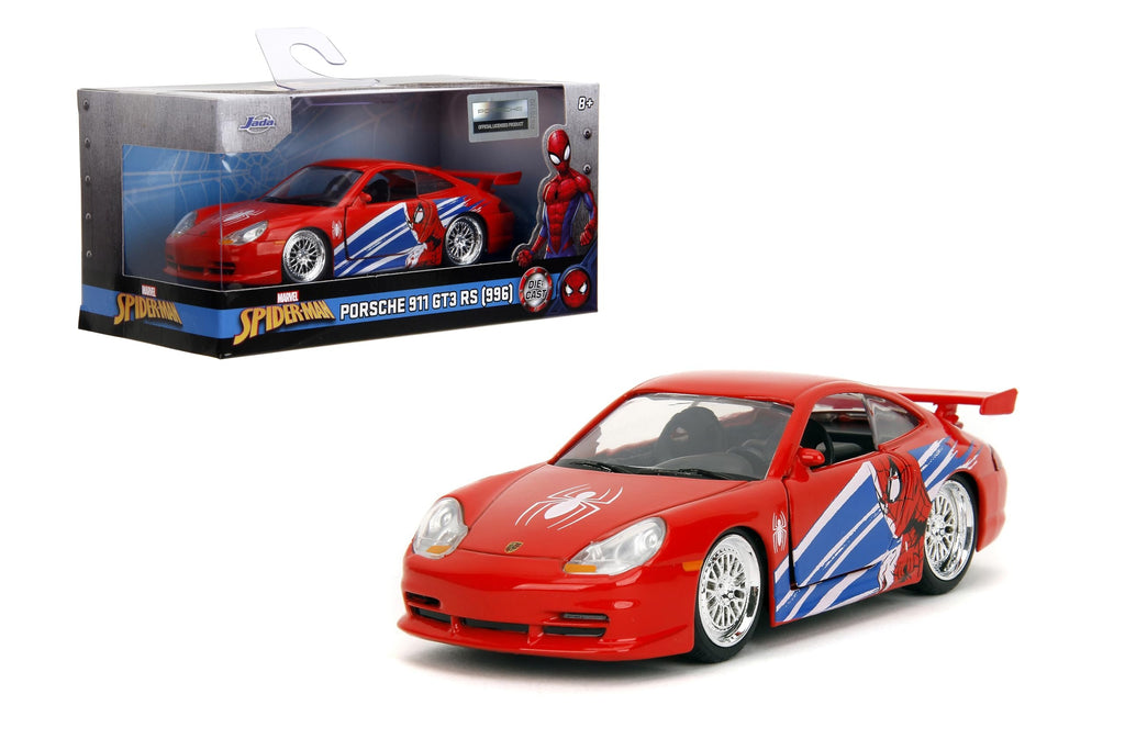 Jada Hollywood Rides Spider-Man Porsche 911 GT3 RS 1:32 – Die-Cast Vehicle Paint, Opening Doors, Marvel Theme – Red/Blue Design for Kids & Collectors