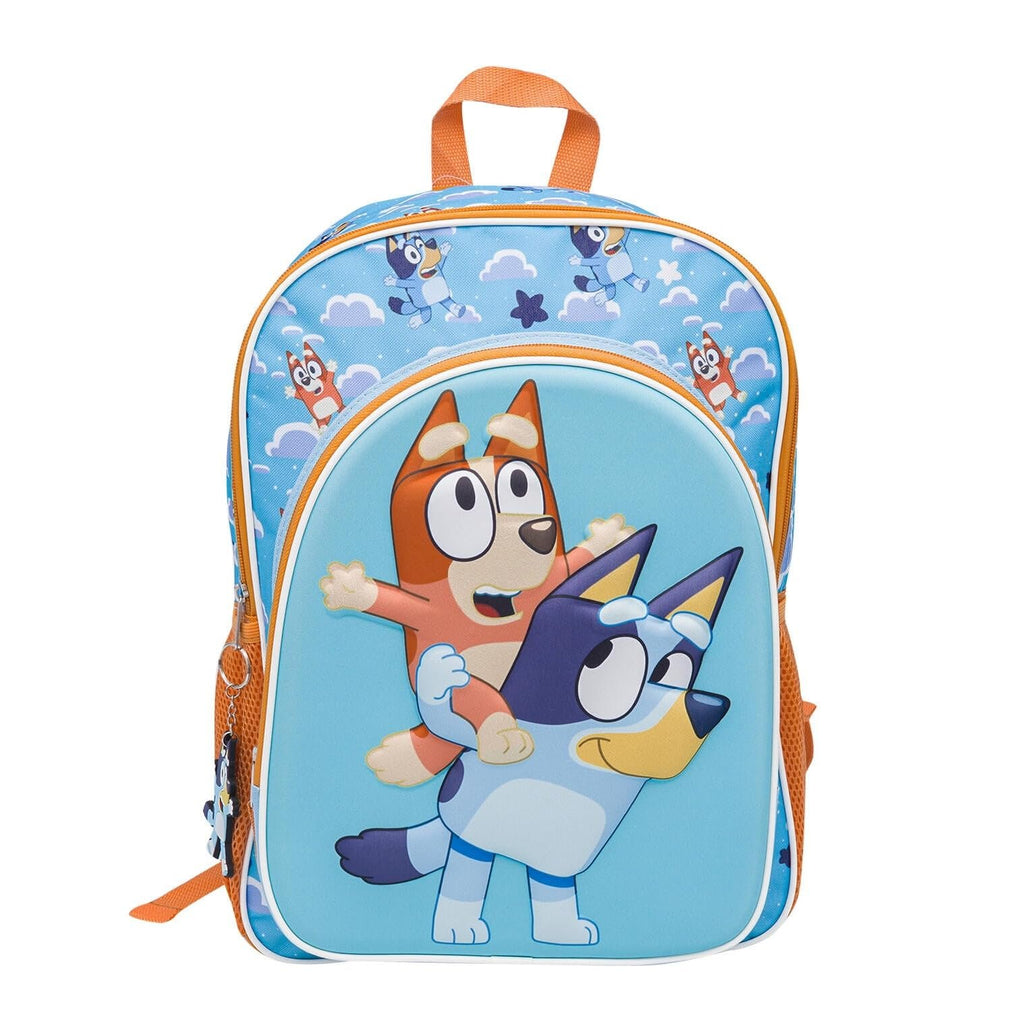 Fast Forward Bluey & Bingo 16" Backpack with 3D Character Print & Bluey Keychain – Kids School Bag with Front Pocket & Mesh Side Pockets