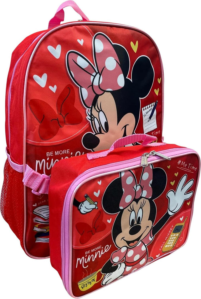 Kid's Licensed 16 Inch Backpack With Removable Lunch Box Set (Minnie Mouse Pink)