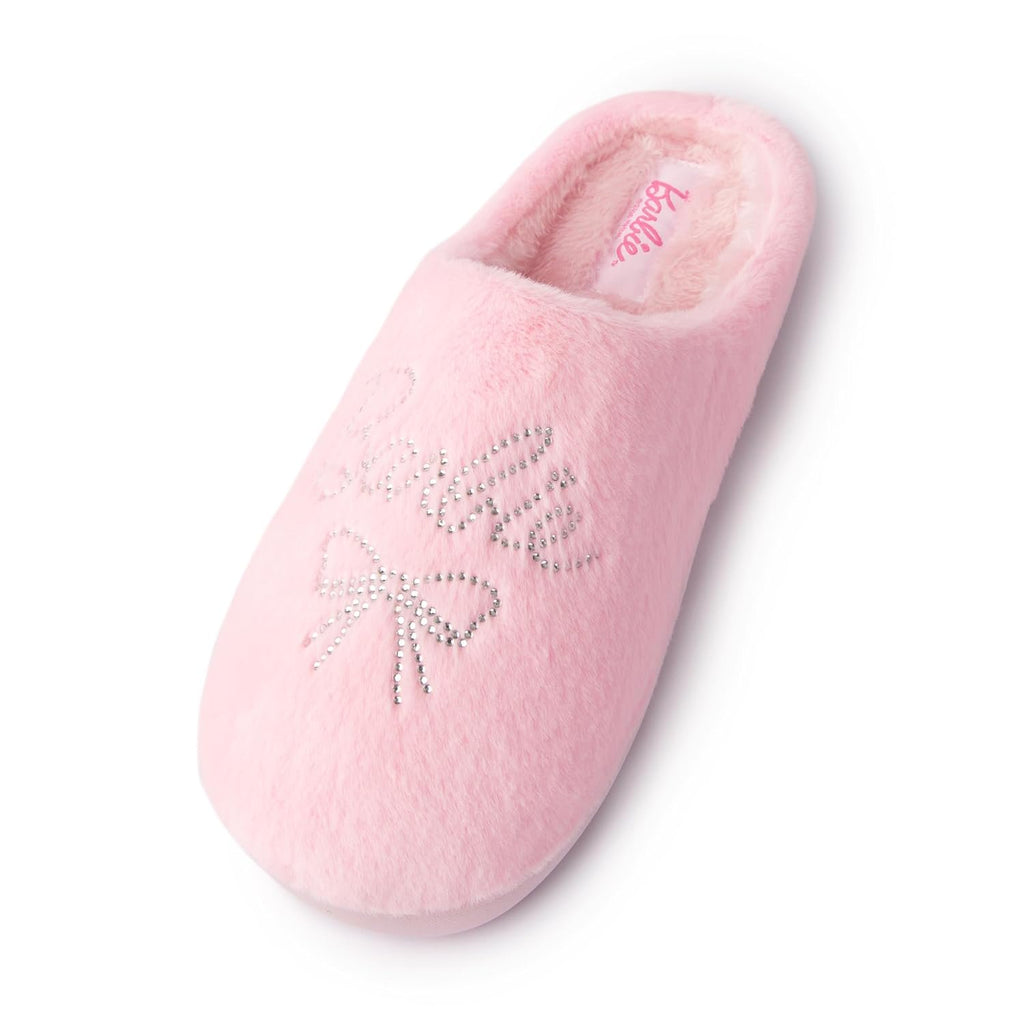 Handcraft Barbie Girls Plush Plaid Clog Slippers with Rhinestone Logo, Pink Candy, 4-5 Big Kid