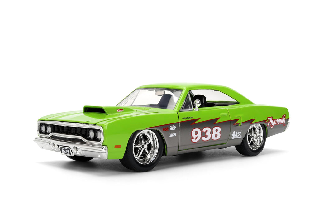 Jada Toys Bigtime Muscle 1:24 1970 Plymouth Road Runner Die-cast Car – Opening Doors, Hood, Trunk, Rubber Tires(Glossy Green)