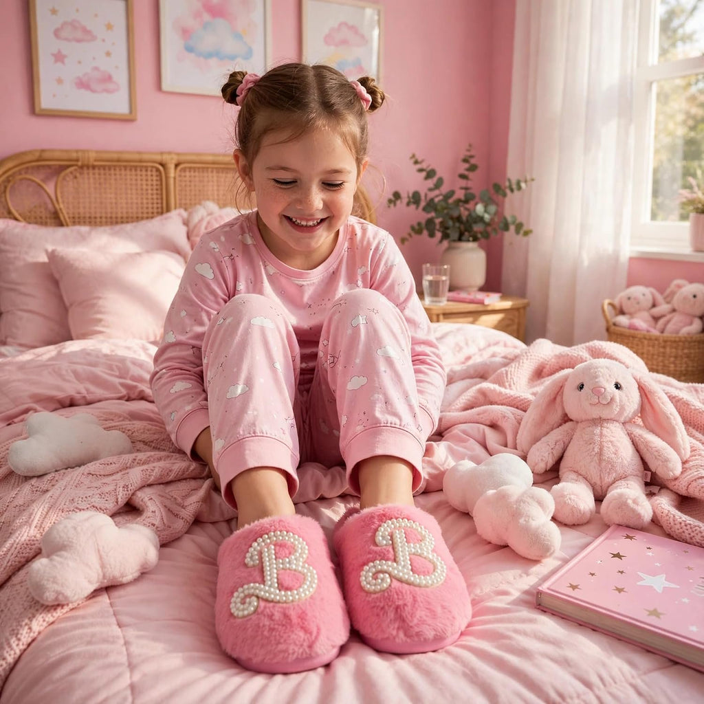 Handcraft Barbie Girls Faux Fur Clog Slippers with Pearl 'B' Logo, Pink, 4-5 Big Kid