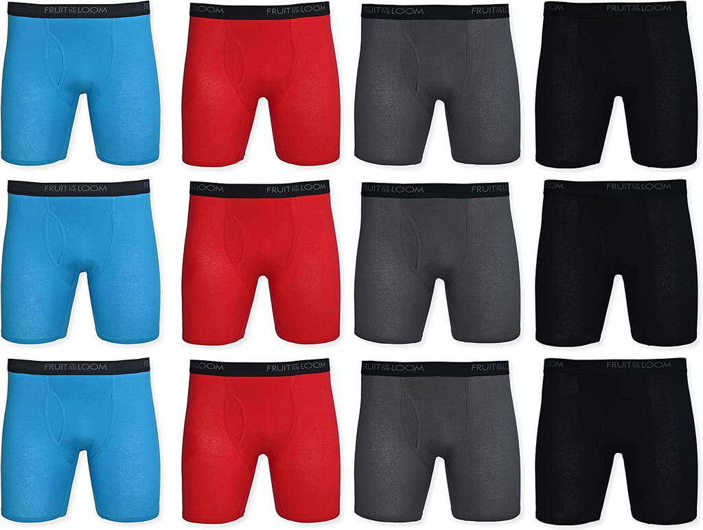 Crafted Comfort Stretch- Covered Waistband- Black Fruit of the Loom Men's Cotton Performance Boxer Briefs (12 Pack)