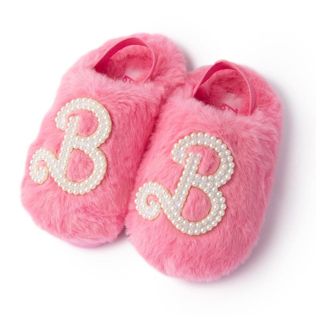 Handcraft Barbie Toddler Girls Faux Fur Clog Slippers with Pearl 'B' Logo, Pink, 9-10 Toddler
