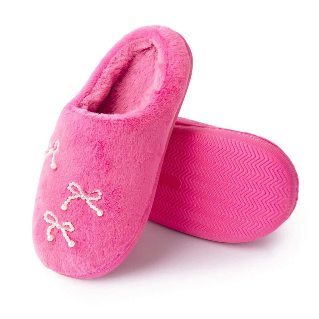 Handcraft Luna Mellow Girls Plush Clog Slippers with Pearl Bows, Pink, 5-6 Big Kid