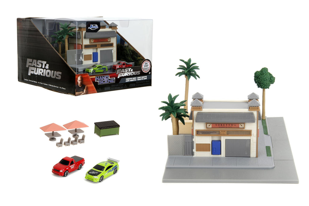 Jada Toys – Fast & Furious Nanoscene: Toretto's Market & Cafe with 2 Nano Vehicles – Highly Detailed Movie Replica Playset, Collectible Scene for Ages 8+
