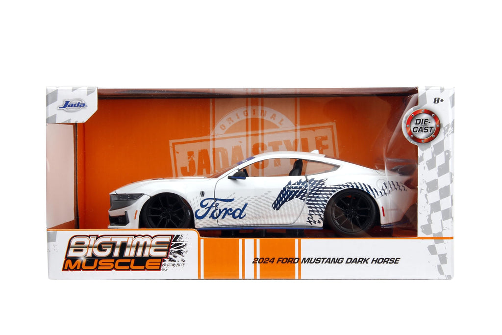 Jada Big Time Muscle 1:24 2024 Ford Mustang GT Dark Horse Die-Cast Car, Toys for Kids and Adults(White with Blue Horse Deco)