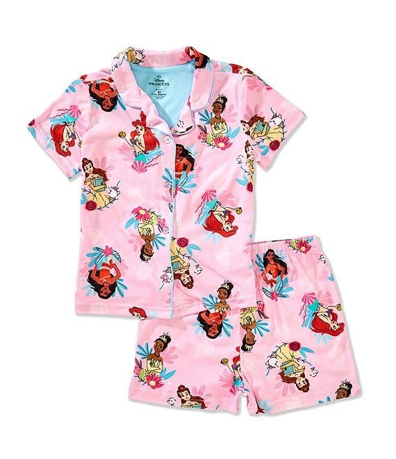Centric Brands Girls’ Princess 2pc Pajama Set – Collared Button-Down Top & Shorts – Moana, Ariel, Tiana & Belle – 2T–10