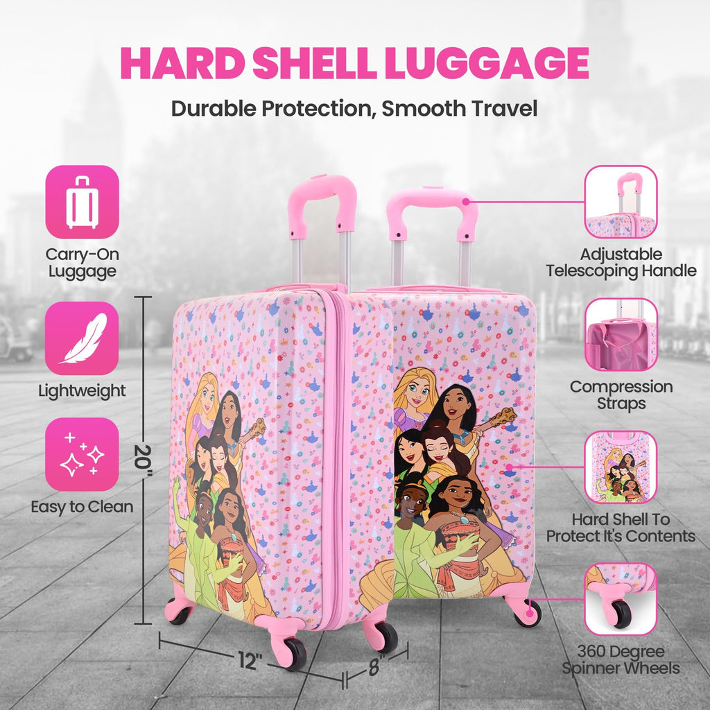 Disney Princess 20" Hardshell Luggage - Tiana Rapunzel Moana Pocahontas Cute & Durable Hard-side Suitcase for Travel with Spinner Wheels 20"x12"x8"