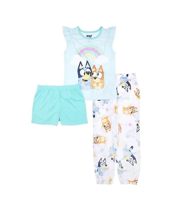 Centric Brands Bluey & Bingo 3-Piece Pajama Set – Rainbow Short Sleeve Shirt, Pants & Shorts – Kids Sleepwear – Sizes 4, 6, 8, 10