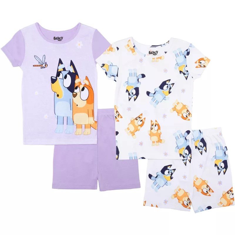 Bluey 4-Piece Girls Pajama Set with 2 Short Sleeve Tops & 2 Shorts Featuring Bluey & Bingo – Toddler Sizes 2T–4T