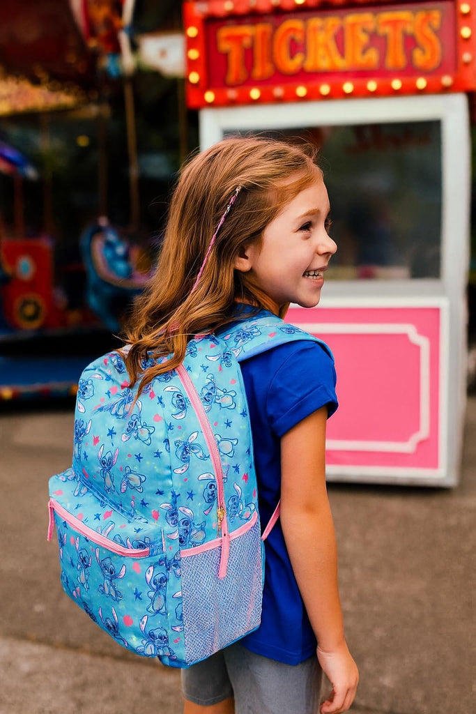 Fast Forward Disney Stitch Girls’ 16" Backpack – Main Zipper Compartment, Front Pocket, Mesh Side Pockets & Adjustable Shoulder Straps