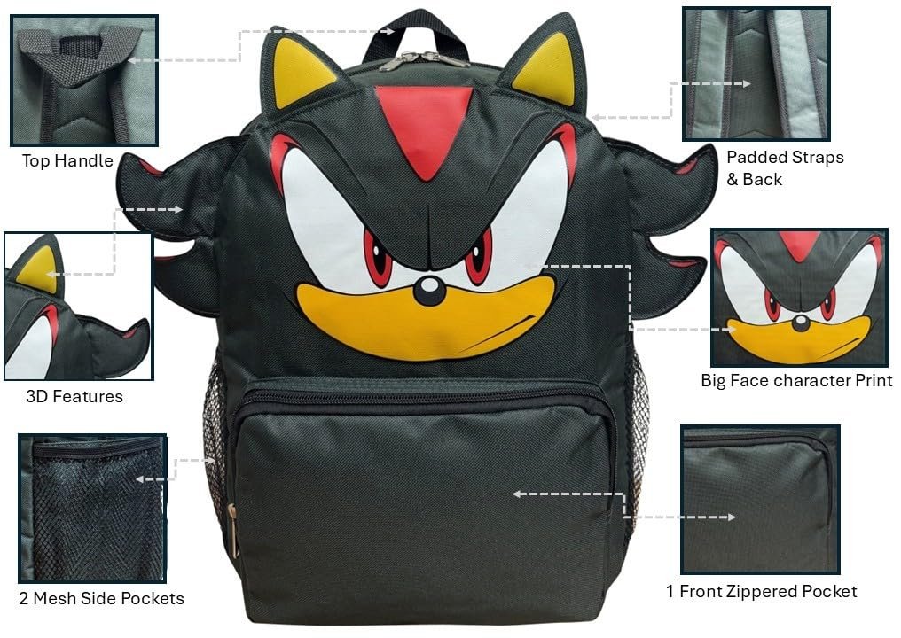 Ruz Sonic The Hedgehog 12" Small Backpack With 3D Features, Sonic - Shadow - Knuckles Kid's School Bag