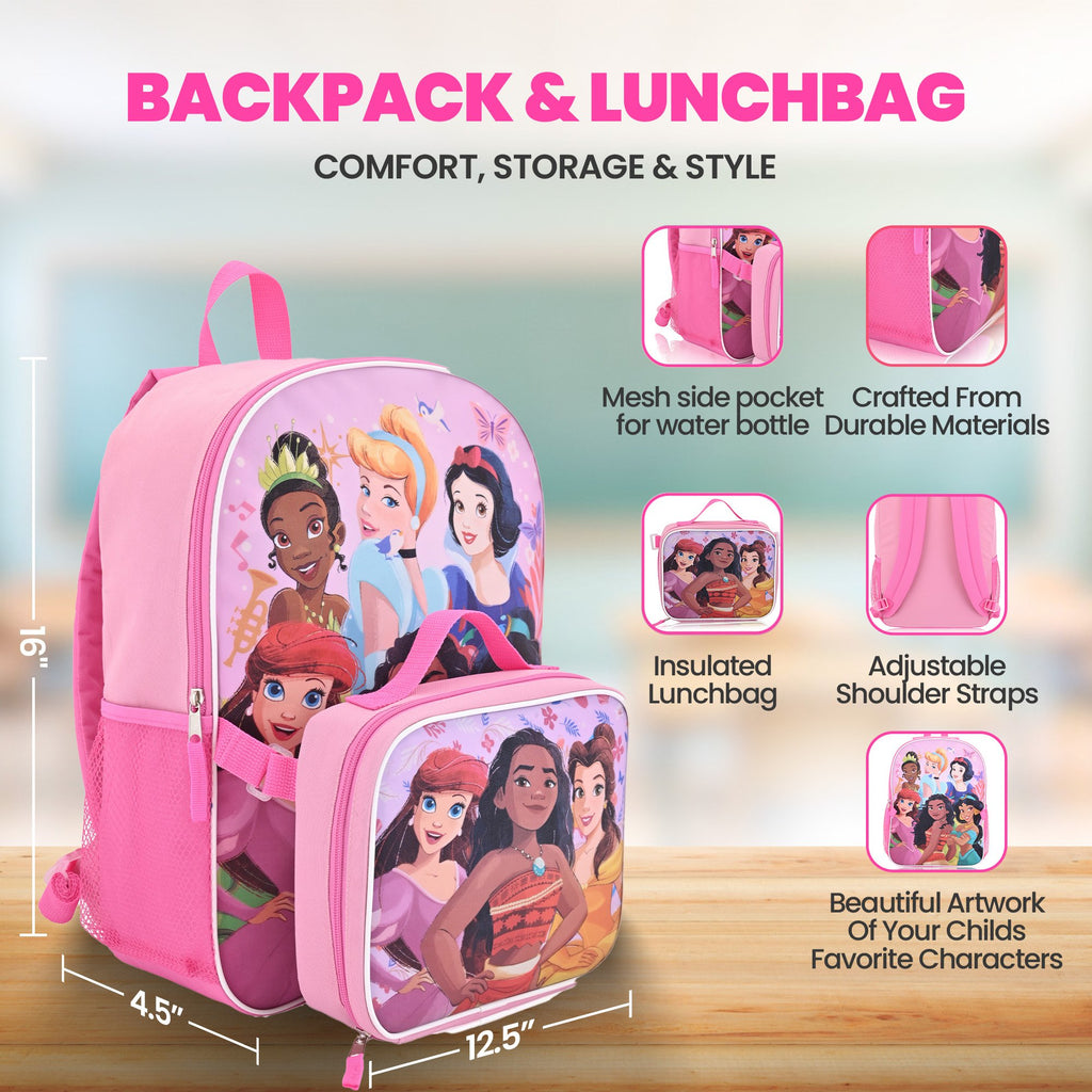Princess Fast Forward Disney and more 16" Backpacks With Lunch Bag - Licensed Characters Kids Schoolbag