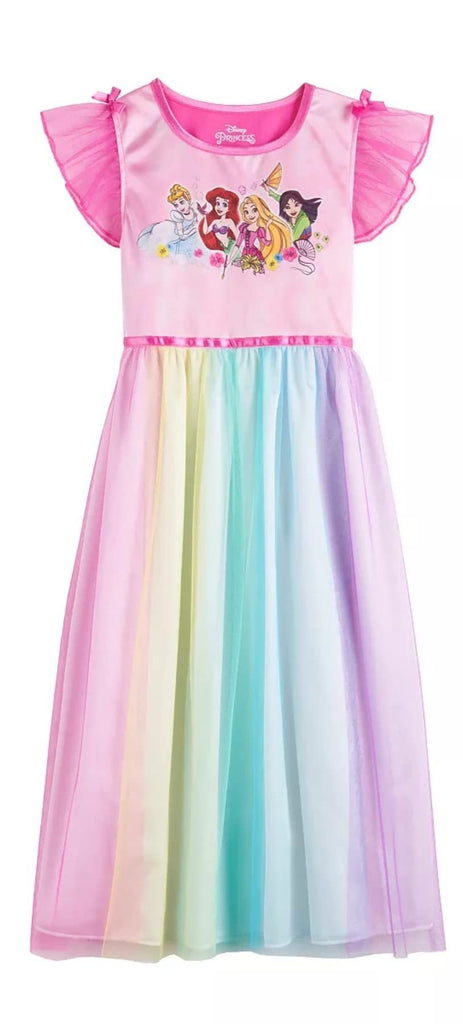 Disney Girls' Fantasy Nightgown Princess Dress Pajama, Rainbow - Princesses, Size 4