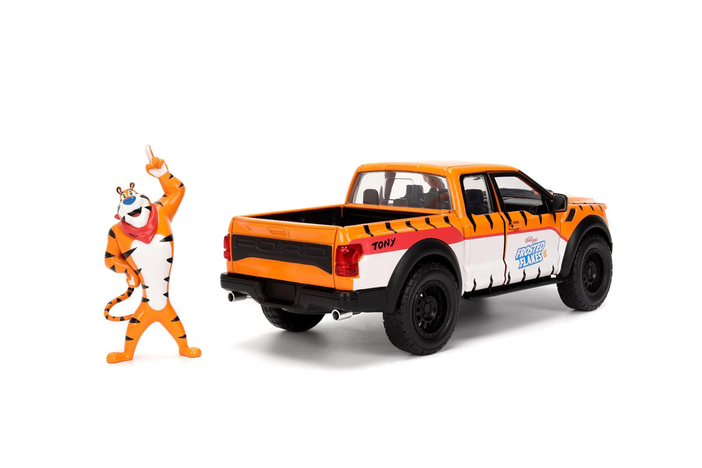 Jada 2017 Ford F150 Raptor Truck with Kellogg's Frosted Flakes Tony The Tiger Die-Cast Carwith Figure, 1:24 Collectible, Opening Doors, Rubber Tires Ages 8+ (Orange/White)