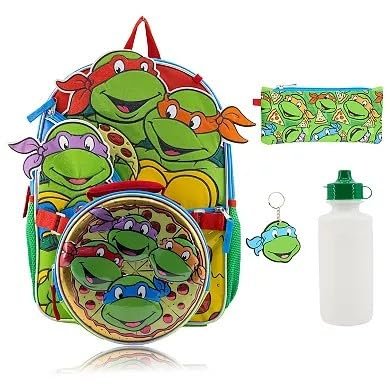 Ninja Turtles - Green Fast Forward Ninja Turtles 5-Piece Backpack Set – Includes Lunch Bag, Water Bottle, Keychain & Zipper Case