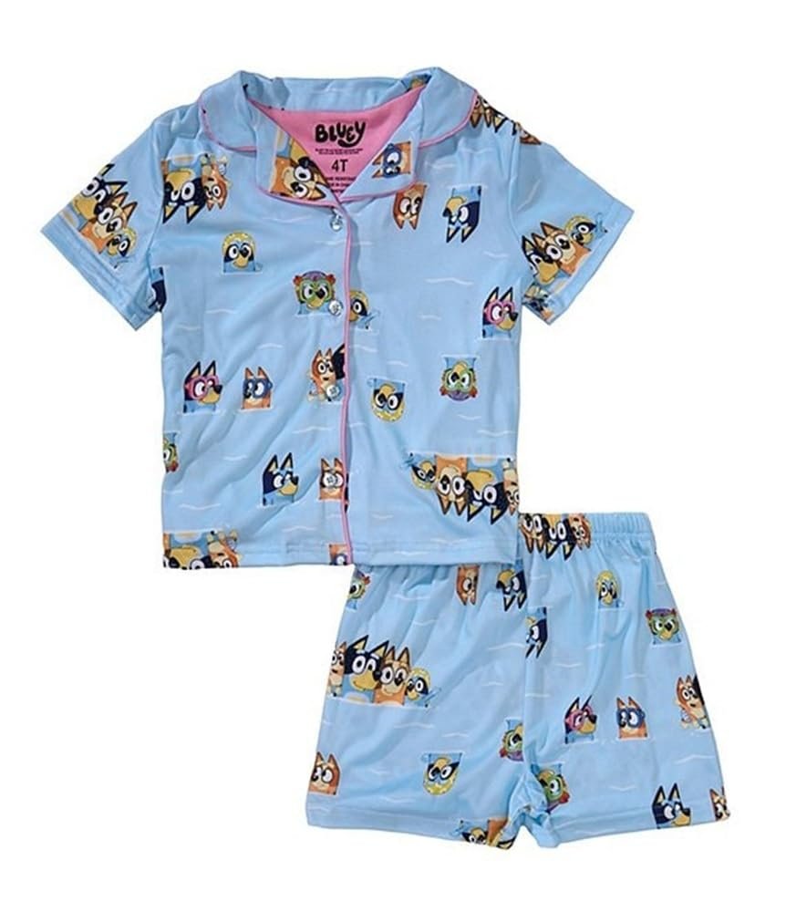 Centric Brands Bluey & Bingo Girls’ 2pc Pool Day Pajama Set – Button-Down Collar Top & Shorts – Infant & Toddler Sizes 12M–4T