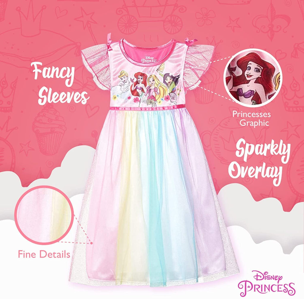 Disney Girls' Fantasy Nightgown Princess Dress Pajama, Rainbow - Princesses, Size 4