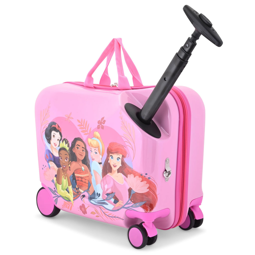 Disney Princess Ride-On Kids Suitcase - 18" Tow-Along Toddler Luggage - Tiana Moana Ariel Cinderella Snow White Carry-On Cute Bag with Wheels 18"x10"x14.5"