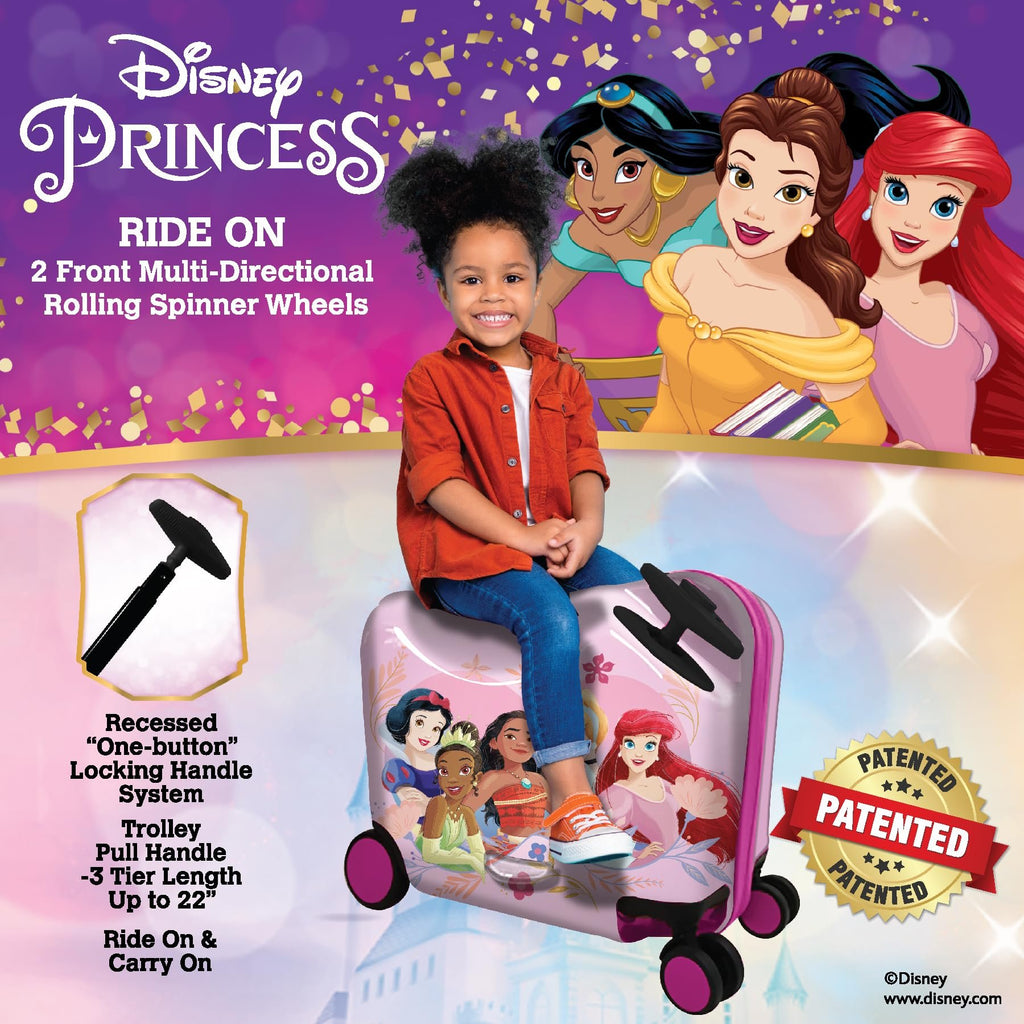 Disney Princess Ride-On Kids Suitcase - 18" Tow-Along Toddler Luggage - Tiana Moana Ariel Cinderella Snow White Carry-On Cute Bag with Wheels 18"x10"x14.5"