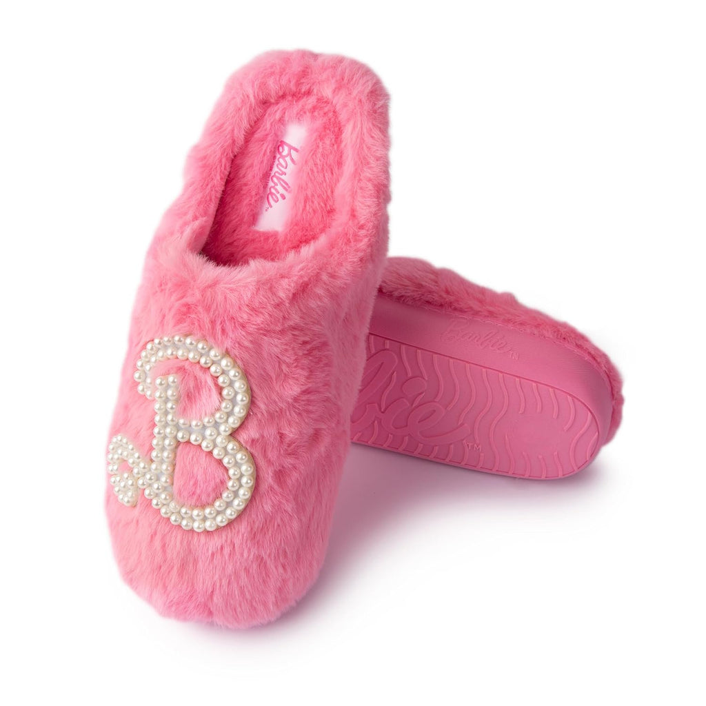 Handcraft Barbie Girls Faux Fur Clog Slippers with Pearl 'B' Logo, Pink, 4-5 Big Kid