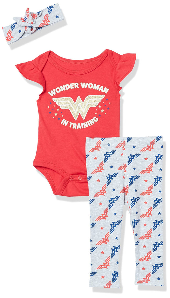 DC Comics Wonder Woman Bodysuit Pants and Headband Set (Red/Grey/Yellow, 0-3 Months)