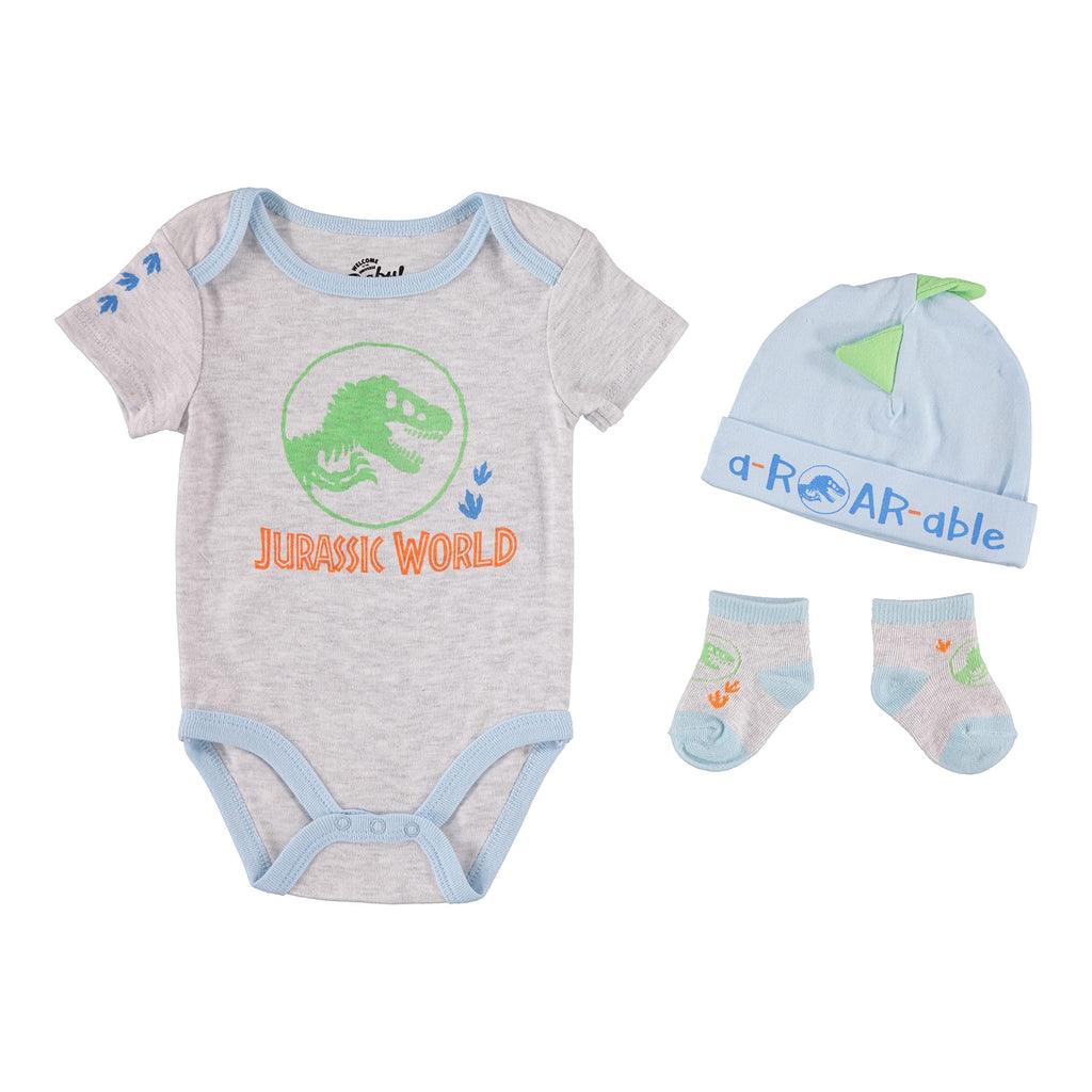 Jurassic World Welcome to the Universe Baby Baby Boys Clothes 3-Piece Set with Bodysuit, Socks, and Hat (3-6M)
