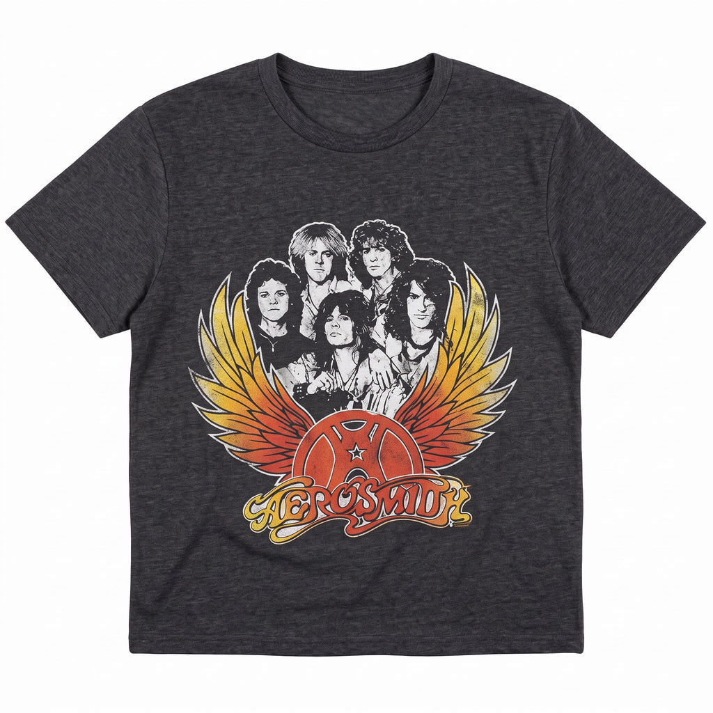 Aerosmith Juniors Short Sleeve Cropped T-Shirt – Retro Winged Logo Crop Tee – Black