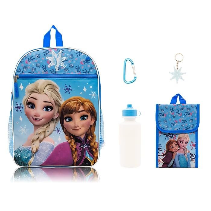 Fast Forward Disney Frozen Girls’ 5-Piece Backpack Set – Includes Lunch Bag, Water Bottle, Keychain & Carabiner – Elsa & Anna School Bundle