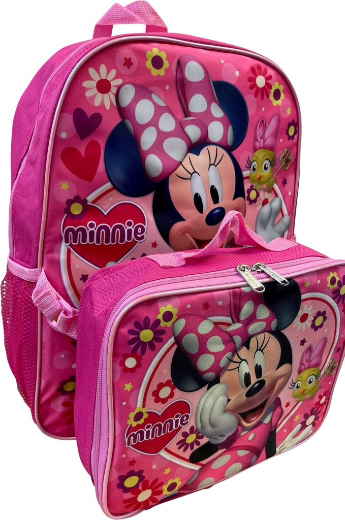 Kid's Licensed 16 Inch Backpack With Removable Lunch Box Set (Minnie Mouse Pink)