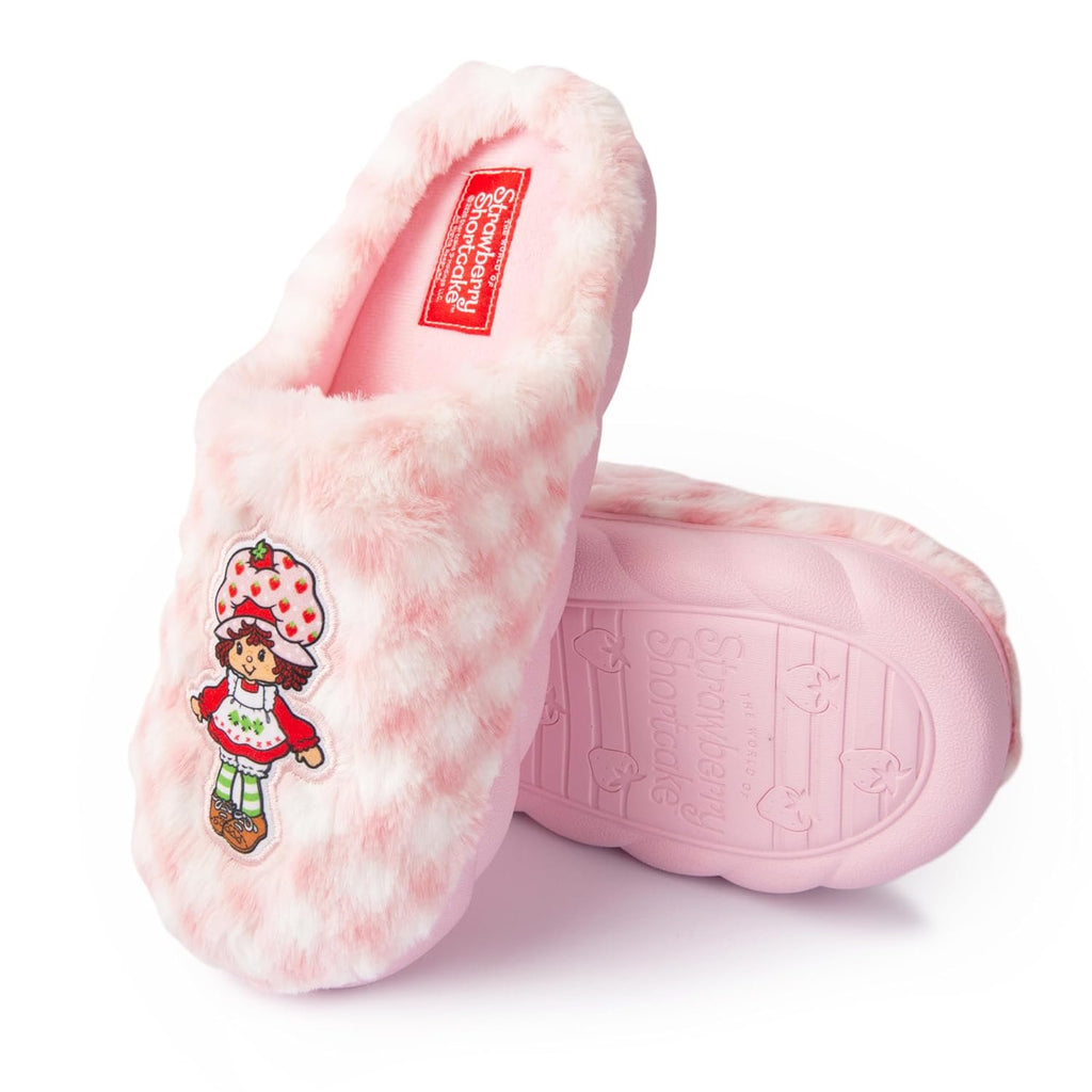 Handcraft Strawberry Shortcake Girls Checkered Plush Clog Slippers with Icon, Pink Candy, 4-5 Big Kid