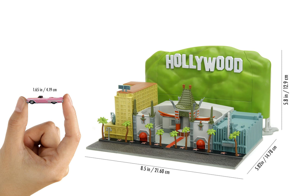 Nano Hollywood Rides Walk of Fame Diorama w/Hollywood Sign and 2 Vehicles (Double-Decker Tour Bus & 1958 Cadillac Series 62 Convertible), Toys for Kids and Adults