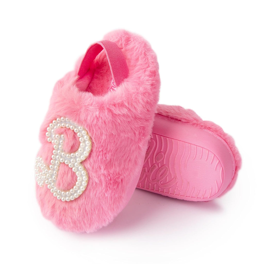 Handcraft Barbie Toddler Girls Faux Fur Clog Slippers with Pearl 'B' Logo, Pink, 9-10 Toddler
